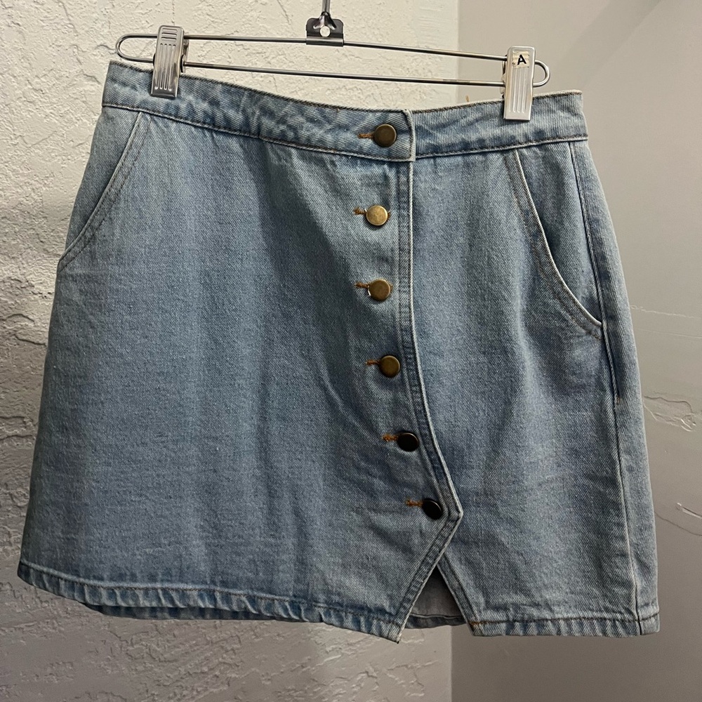 Light Blue Denim Skirt with Assymetrical Buttons